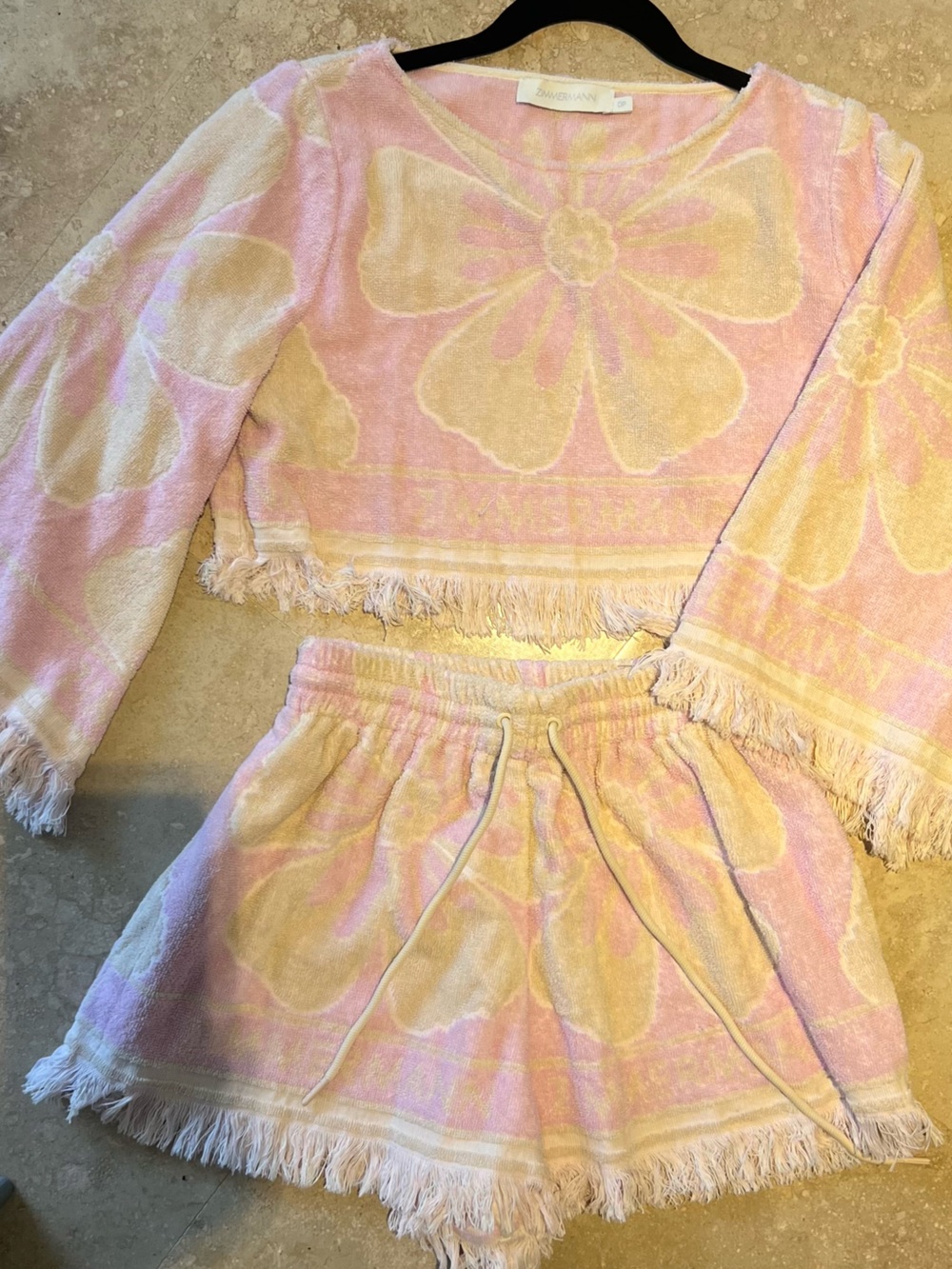 Zimmermann Pink and Cream Floral Terry Crop Top and Shorts Set